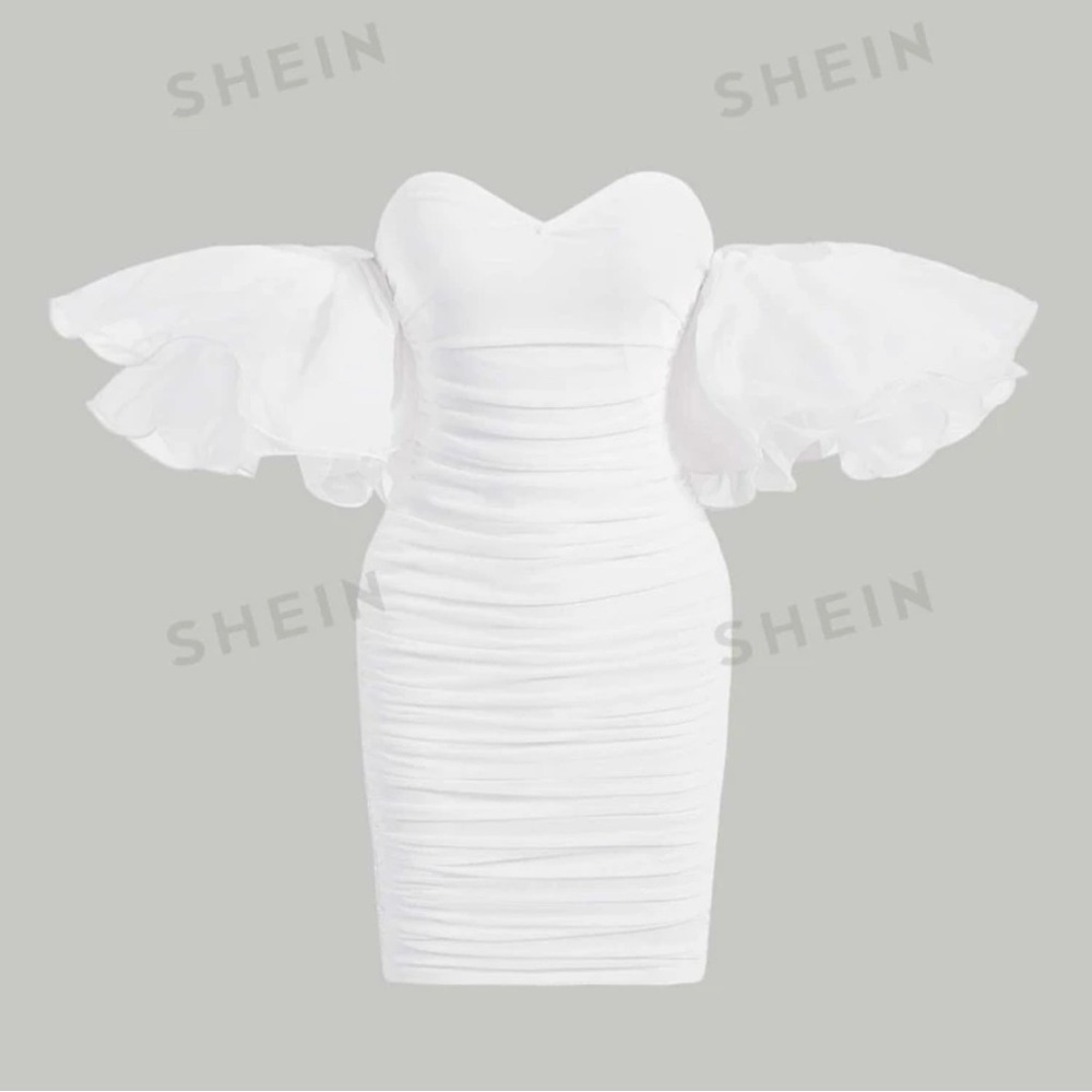 SHEIN Mod Off Shoulder Ruffle Trim Rouched Mesh Bodycon Dress Size Large